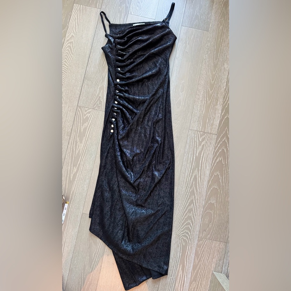 Paco Rabanne Black Shimmer Ruched Midi Dress with Side Buttons